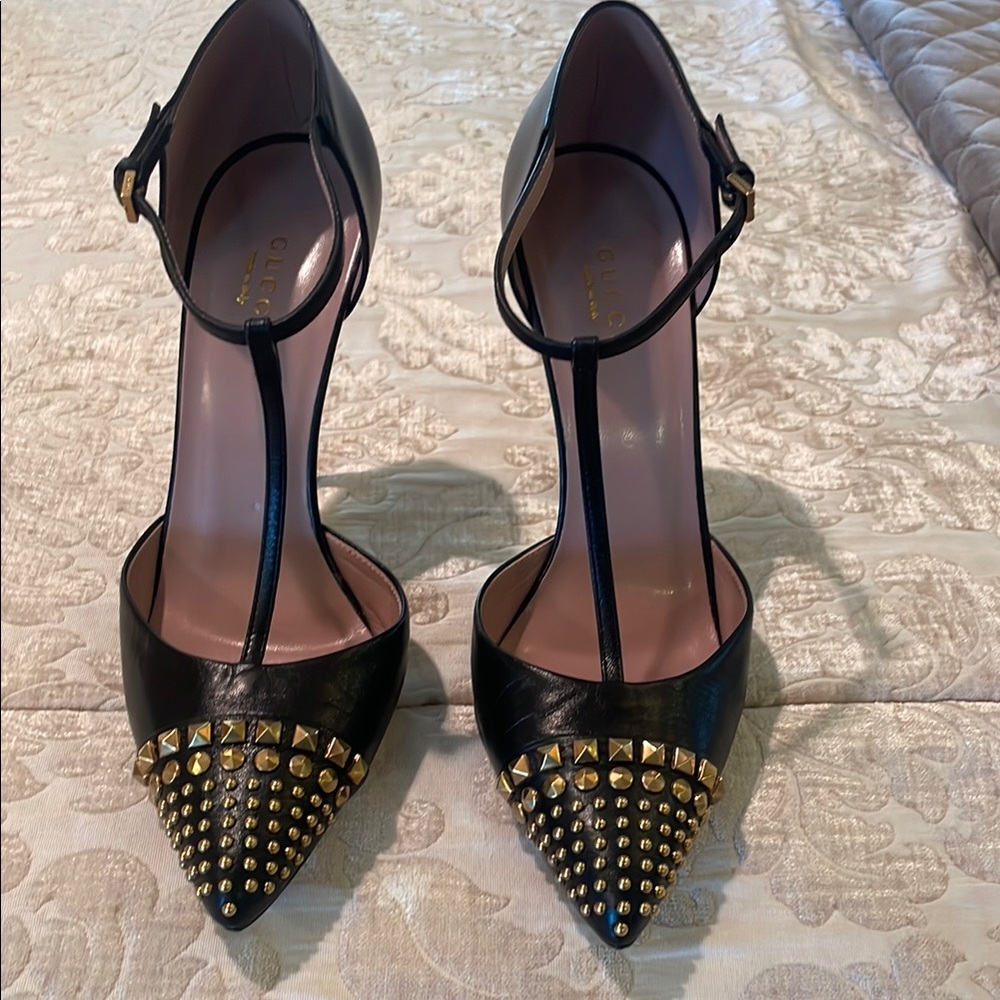 Gucci Black Leather T-Strap Pointed Pumps with Gold Studs